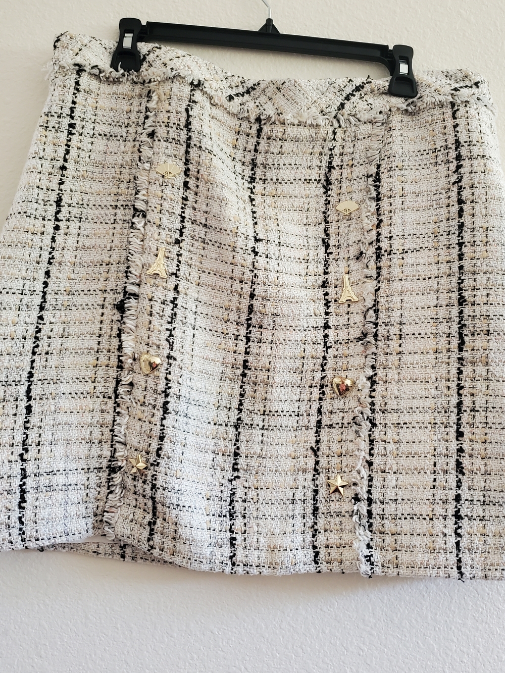 Karl Lagerfeld Cream and Black Tweed Mini Skirt with Gold Embellishments Size 16